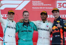 Япония-2018: Гонка Valtteri Bottas, Matt Deane, Lewis Hamilton, Max Verstappen