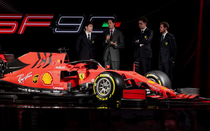 Charles Leclerc, John Elkann, Mattia Binotto, Sebastian Vettel