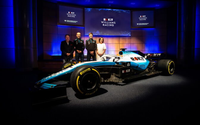 Jonathan Kendrick, ROKiT founder, Claire Williams, Deputy Team Principal of ROKiT Williams Racing, and the two ROKiT Williams drivers, George Russell and Robert Kubica