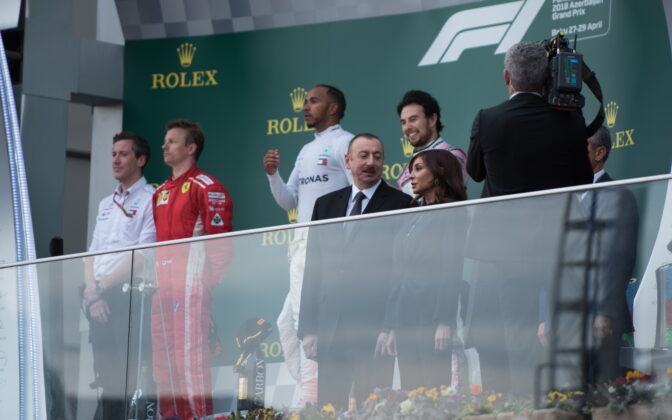 1st place for Lewis Hamilton (GBR) Mercedes AMG Petronas Motorsport, 2nd place for Kimi Raikkonen (FIN) Scuderia Ferrari and 3rd place for Sergio Perez (MEX) Force India F1 Team. 29.04.2018. Formula 1 World Championship, Rd 4, Azerbaijan Grand Prix, Baku Street Circuit, Azerbaijan, Race Day. - www.automotorsport.az, EMail: info@automotorsport.az - copy of publication required for printed pictures. Every used picture is fee-liable. © Copyright: automotorsport.az