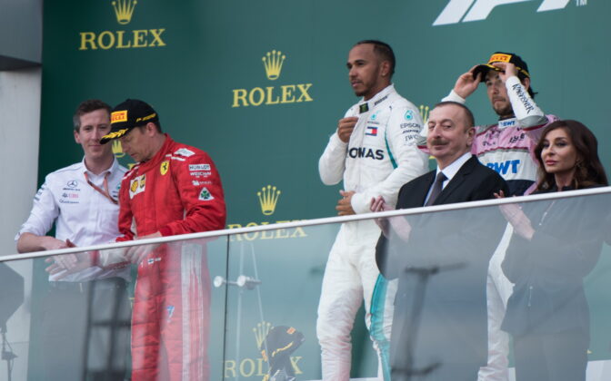 1st place for Lewis Hamilton (GBR) Mercedes AMG Petronas Motorsport, 2nd place for Kimi Raikkonen (FIN) Scuderia Ferrari and 3rd place for Sergio Perez (MEX) Force India F1 Team. 29.04.2018. Formula 1 World Championship, Rd 4, Azerbaijan Grand Prix, Baku Street Circuit, Azerbaijan, Race Day. - www.automotorsport.az, EMail: info@automotorsport.az - copy of publication required for printed pictures. Every used picture is fee-liable. © Copyright: automotorsport.az