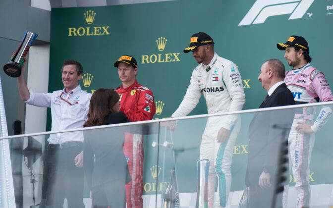 1st place for Lewis Hamilton (GBR) Mercedes AMG Petronas Motorsport, 2nd place for Kimi Raikkonen (FIN) Scuderia Ferrari and 3rd place for Sergio Perez (MEX) Force India F1 Team. 29.04.2018. Formula 1 World Championship, Rd 4, Azerbaijan Grand Prix, Baku Street Circuit, Azerbaijan, Race Day. - www.automotorsport.az, EMail: info@automotorsport.az - copy of publication required for printed pictures. Every used picture is fee-liable. © Copyright: automotorsport.az