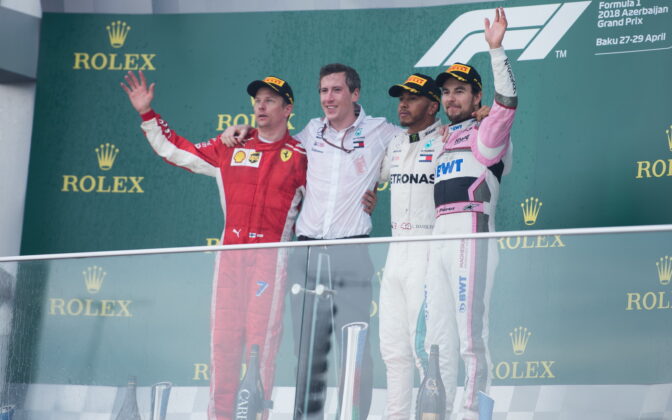 1st place for Lewis Hamilton (GBR) Mercedes AMG Petronas Motorsport, 2nd place for Kimi Raikkonen (FIN) Scuderia Ferrari and 3rd place for Sergio Perez (MEX) Force India F1 Team. 29.04.2018. Formula 1 World Championship, Rd 4, Azerbaijan Grand Prix, Baku Street Circuit, Azerbaijan, Race Day. - www.automotorsport.az, EMail: info@automotorsport.az - copy of publication required for printed pictures. Every used picture is fee-liable. © Copyright: automotorsport.az