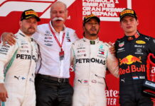 Испания-2019: Гонка Valtteri Bottas, Dieter Zetsche, Lewis Hamilton, Max Verstappen