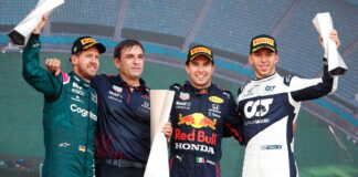 Sebastian Vettel, Pierre Wache, Sergio Perez, Pierre Gasly