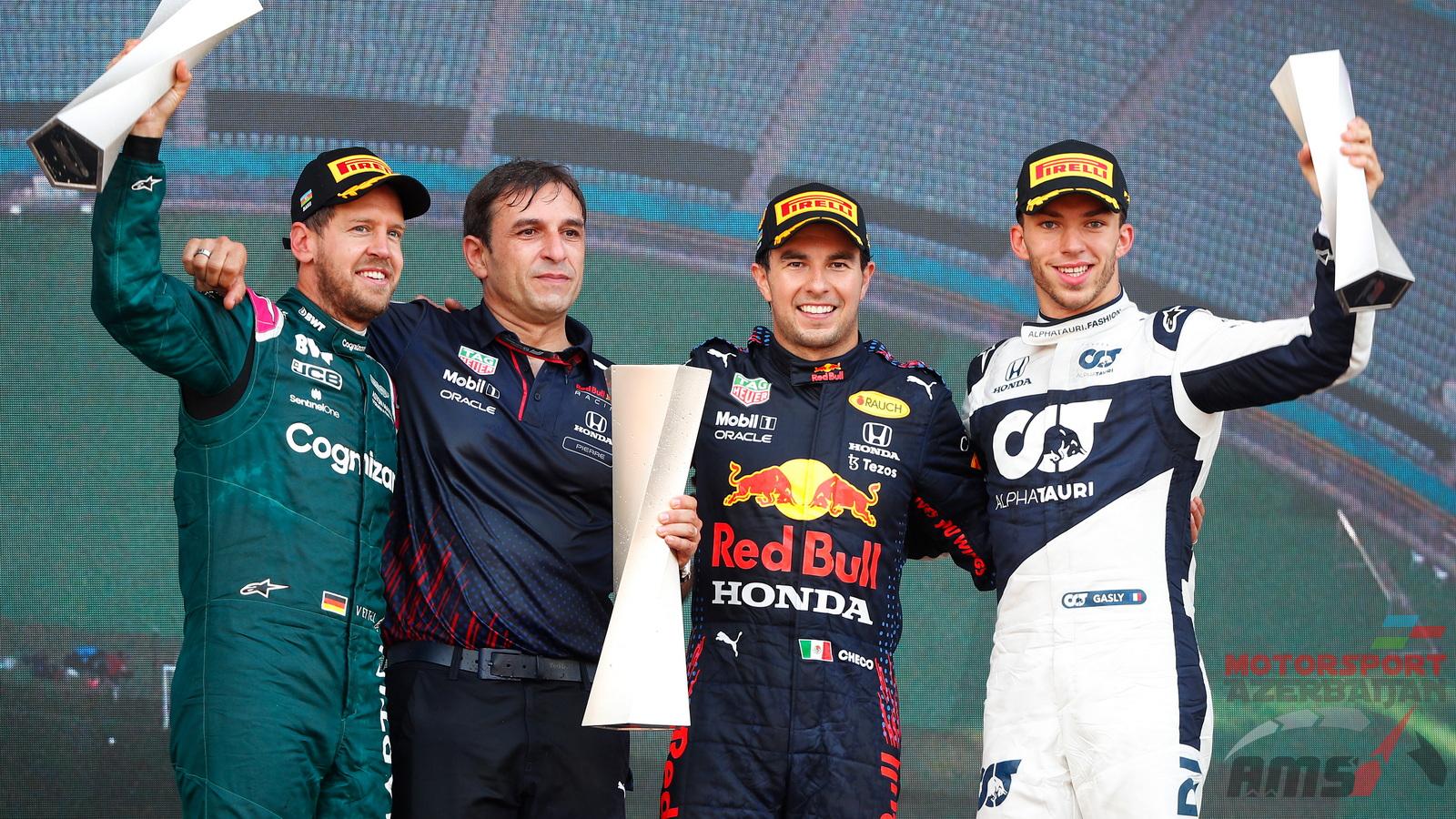 Sebastian Vettel, Pierre Wache, Sergio Perez, Pierre Gasly