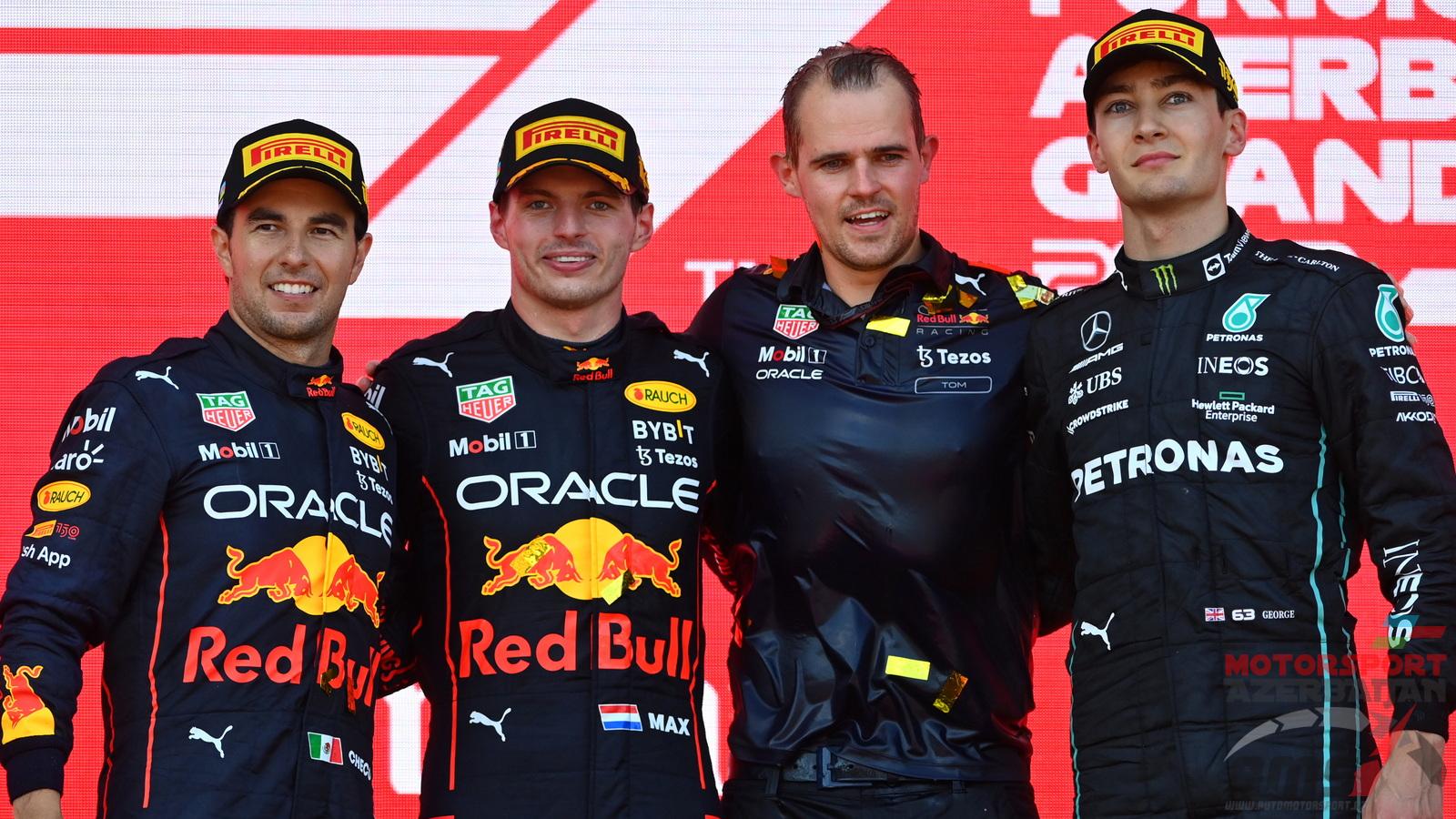 Sergio Perez, Max Verstappen, George Russell