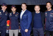 Max Verstappen, Sergio Perez, Jim Farley, Christian Horner, Daniel Ricciardo