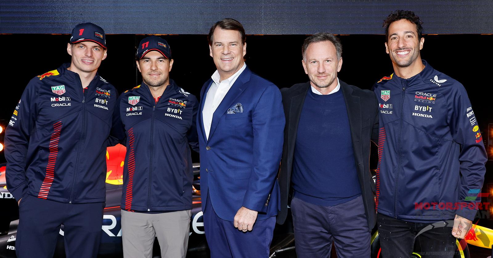 Max Verstappen, Sergio Perez, Jim Farley, Christian Horner, Daniel Ricciardo
