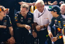 Max Verstappen, Christian Horner, Helmut Marko, Sergio Perez