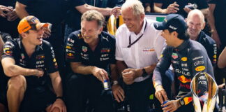 Max Verstappen, Christian Horner, Helmut Marko, Sergio Perez