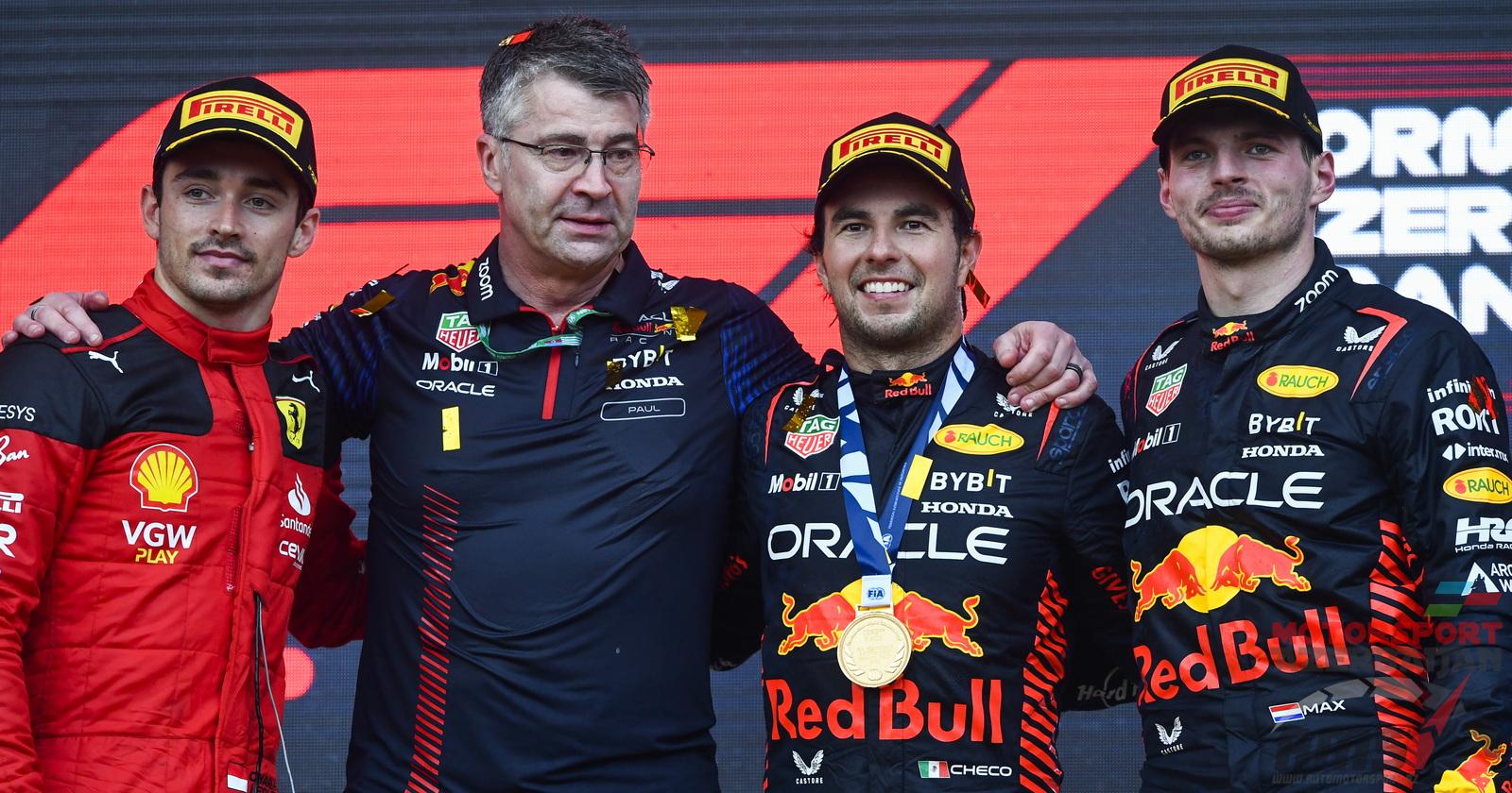 Charles Leclerc, Paul Everington, Sergio Perez, Max Verstappen
