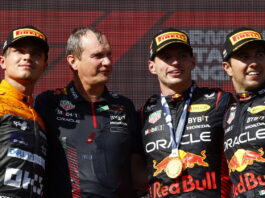 Lando Norris, Paul Monaghan, Max Verstappen, Sergio Perez
