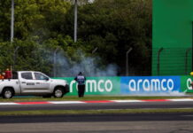 В FIA приняли меры против возгорания травы Marshals rush to put out the fire on the grass
